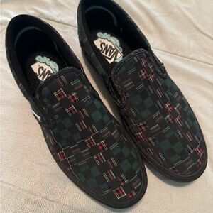 Vans Men's Plaid Checkered Slip-On Shoes - Black and Green